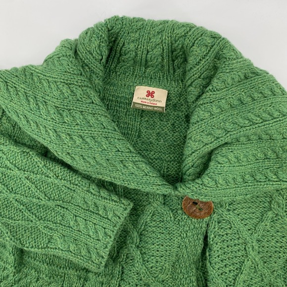 Carrigdonn Green 100 Merino Wool Cable Knit Cardigan Shawl Collar Button Front - Picture 1 of 6